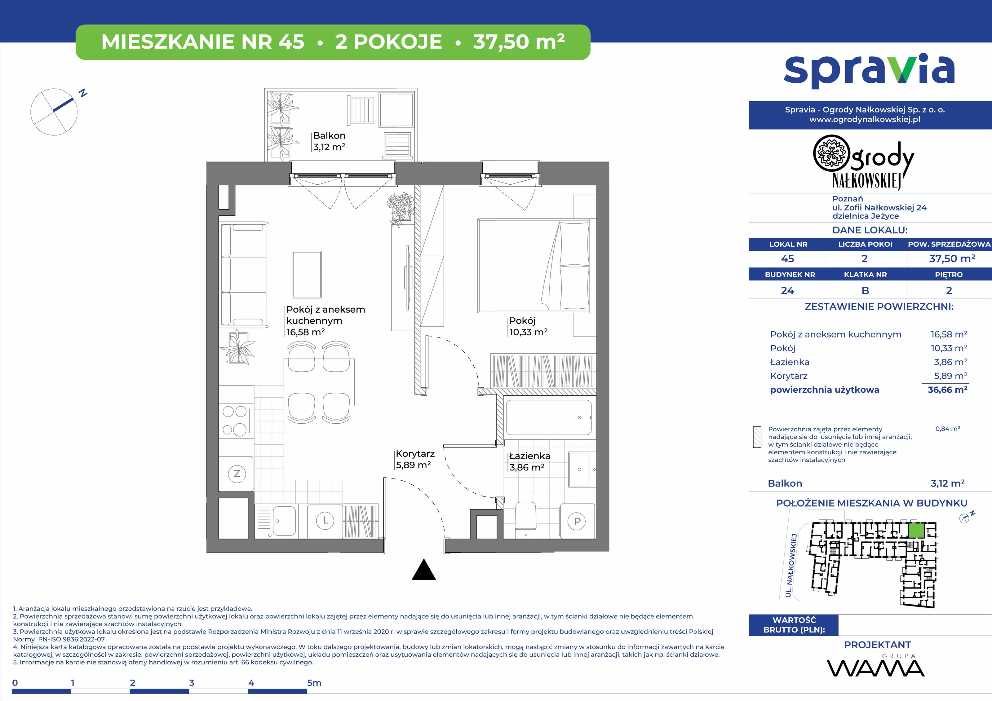 2 pokoje, mieszkanie 37,50 m², piętro 2, oferta nr 24-45, Ogrody Nałkowskiej, Poznań, Ogrody, ul. Nałkowskiej 24, 26